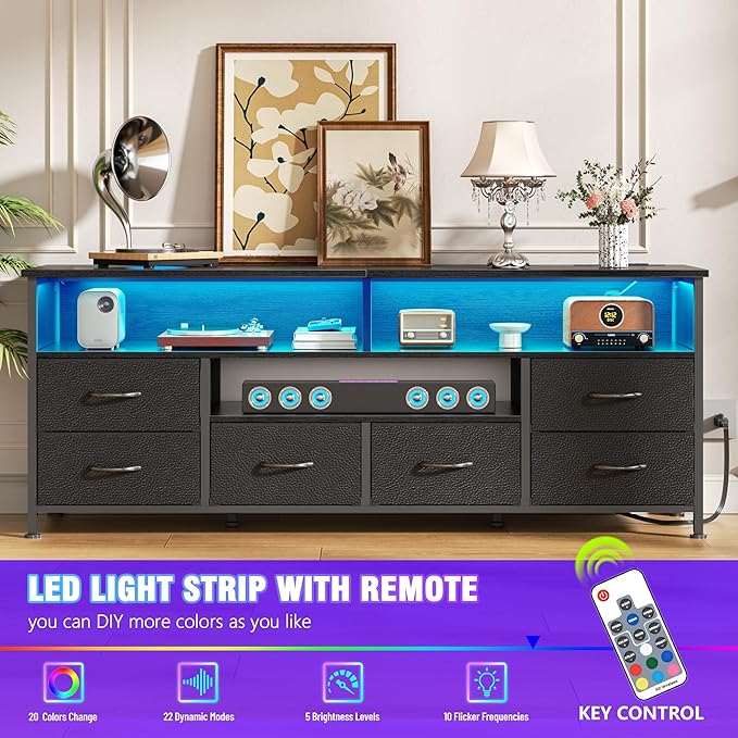 Furologee 55" LED TV Stand for Bedroom with Power Outlets, Entertainment Center with 6 Fabric Drawers for 50/55/60 inch TVs, Dresser TV Stand Long Console Media Table for Living Room, PU Black