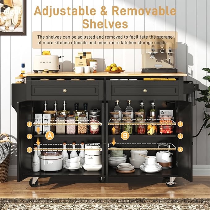 59.1" Movable Kitchen Island with Drop Leaf and Power Outlet, Rolling Island Cart w/Storage Cabinet, Island Table on Wheels for Kitchen w/2 Drawers, Spice Rack, Towel Bar, Garage Hook, Black