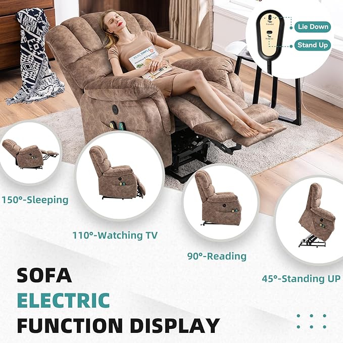 MEETWARM Large Power Lift Electric Recliner Chair with Extended Footrest for Elderly, Big and Tall Lift Chair for Seniors Reclining Chair for Living Room with Massage and Heated,USB Ports(Plush-Brown)