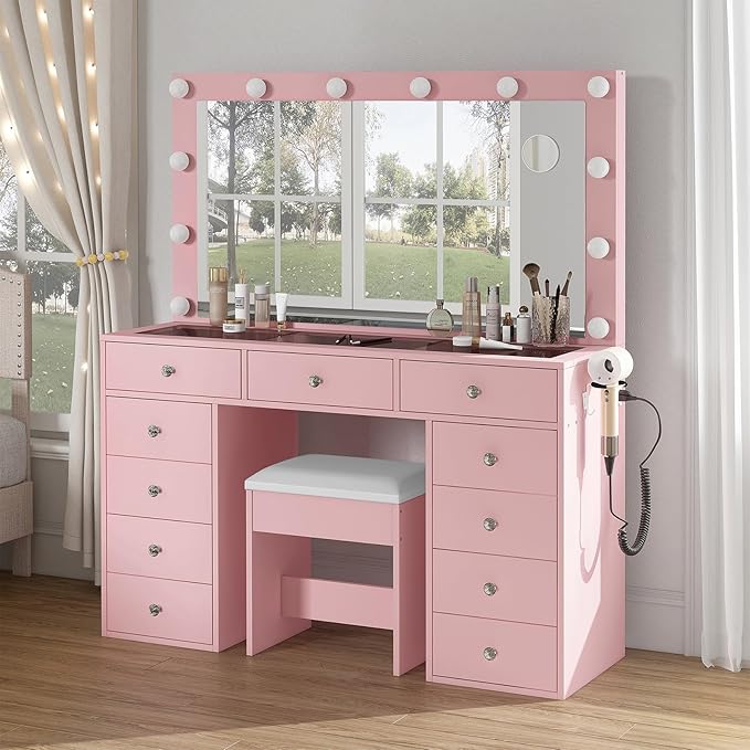 11 Drawers Vanity Desk with Power Outlet, Makeup Vanity with Mirror and 12 LED Lights, 3 Lighting Modes, Glass Top, Dressing Table for Bedroom, Pink