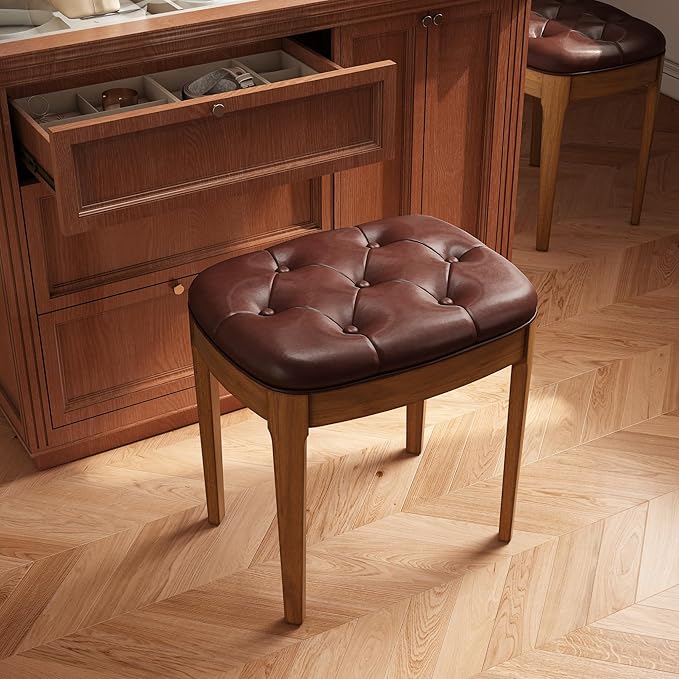 Solid Wood Button Tufted Vanity Stool, Ottoman Stool with Wood Legs & Padded Seat PU Leather Upholstered Piano Bench with Non-Slip Foot Pads Accent Chair for Bedroom Entryway, Wine Red