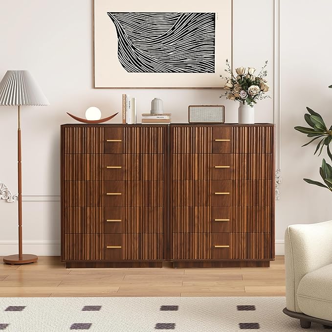 Fluted 5 Drawers Dresser for Bedroom, Wooden Tall Storage Dresser TV Stand, Curved Profile Modern Chest of Drawers, Wood Closet Clothes Storage Organizer for Living Room Hallway,Walnut 2 Sets
