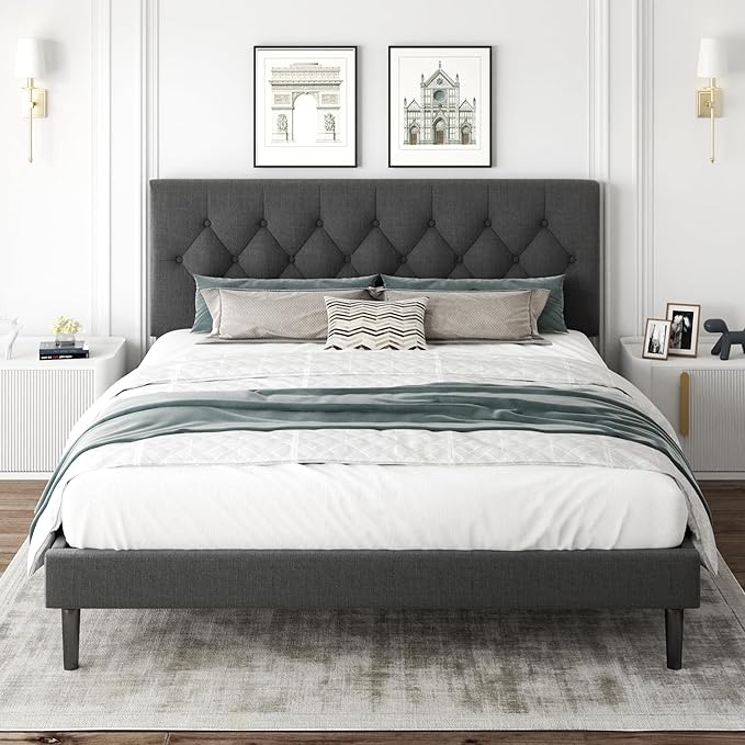 King Size Platform Bed Frame with Upholstered Headboard, Button Tufted Design, Strong Wooden Slats, No Box Spring Needed, Easy Assembly, Noise Free