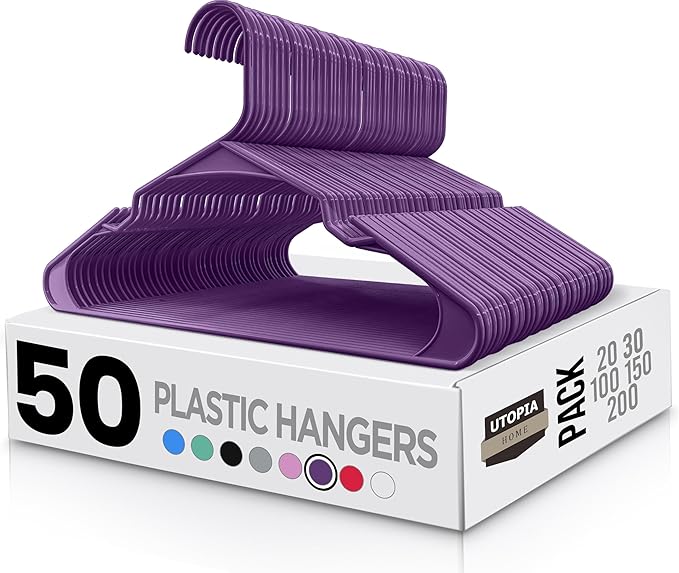Utopia Home Plastic Hangers 50 Pack - Perfect Space Saving Clothes Hanger - Durable and Strong - Perfect Closet Organizers with Shoulder Grooves (Purple)