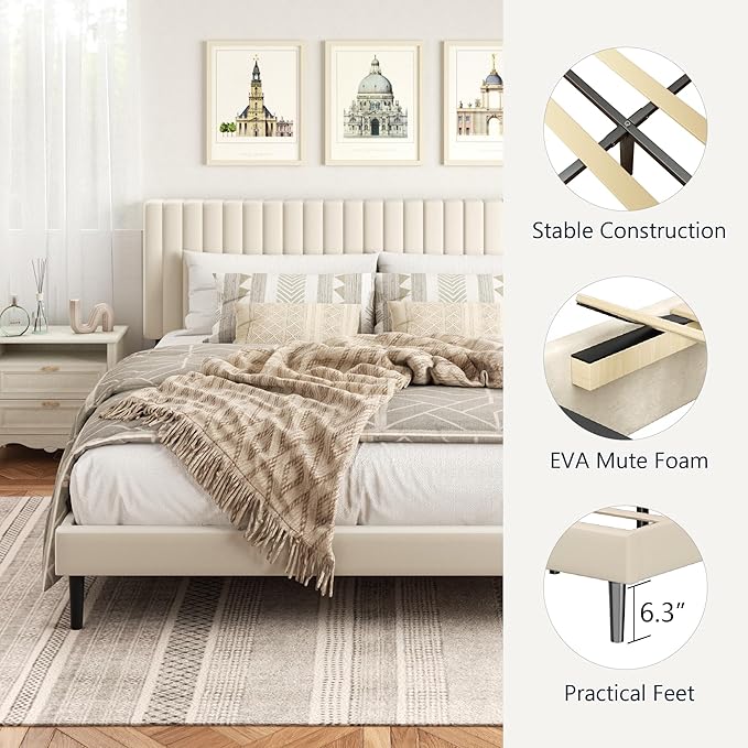 King Size Bed Frame,King Size Platform Bed Frame and Velvet Upholstered Headboard with Strong Wood Slats, Box Spring Optional, Mattress Foundation, Easy Assembly Beige