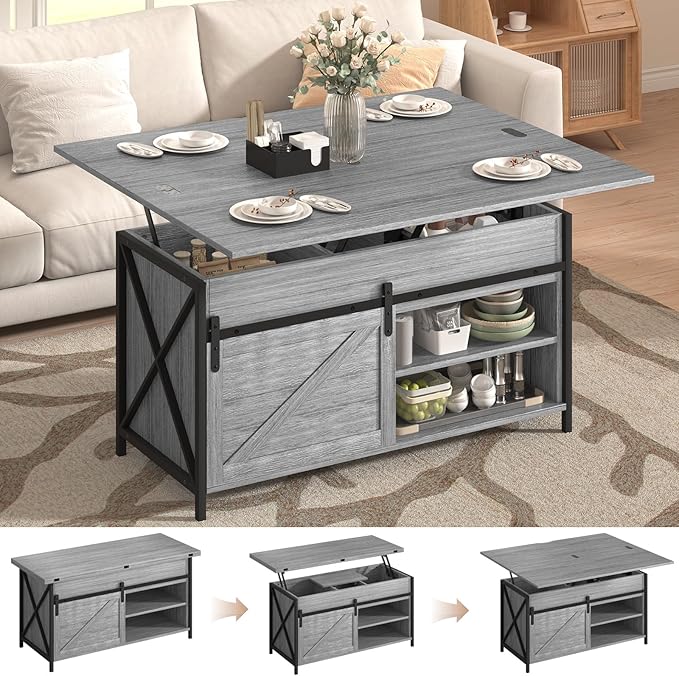 Lift Top Coffee Table with Storage and Sliding Door, 4 in 1 Multi-Function Convertible Tea Table with Hidden Compartment, Farmhouse Center Table with Wood Lift Tabletop for Living Room, Grey