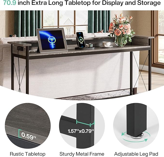 Tribesigns Sofa Table with Outlets and USB Ports, 70.9 inch Extra Long Console Table Behind Couch with Charging Station, Industrial Narrow Entryway Hallway Accent Table for Living Room