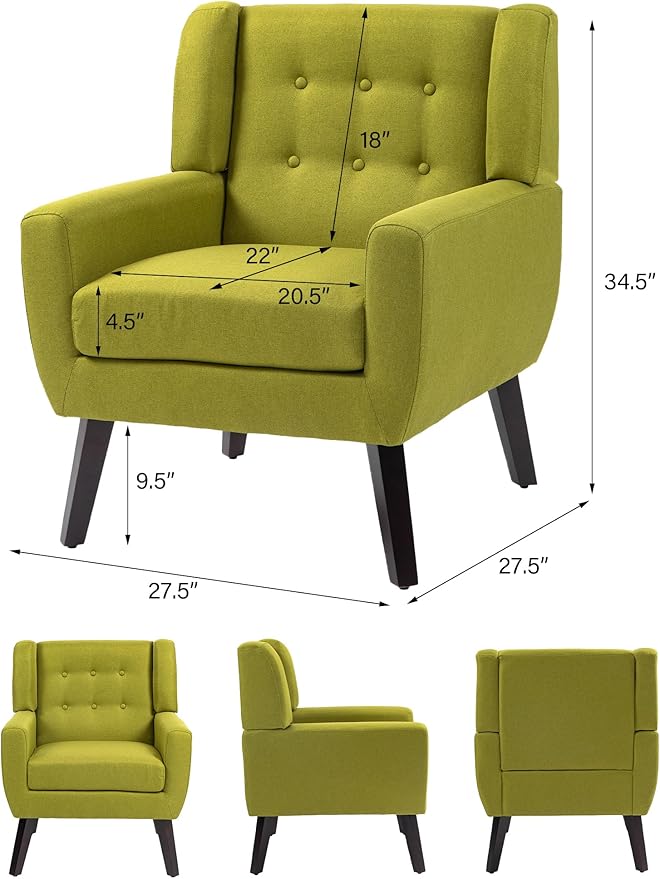 Accent Chair, Mid-Century Modern Fabric Chairs with Arms for Living Room, Comfy Upholstered Club Single Sofa Armchair for Bedroom Waiting Room with Solid Wood Frame (Fabric Green, Set of 2)