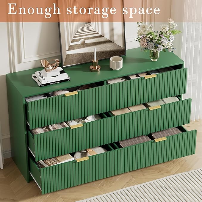 Green Dresser for Bedroom, Modern Dresser with 6 Drawers and Smooth Slides, Wide Chest of Drawers with Golden Handles for Bedroom, Living Room, Closet, 15.7" D x 55.1" W x 31.4" H