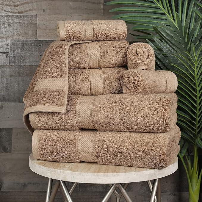 Superior Egyptian Cotton Pile 8 Piece Towel Set, Includes 2 Bath, 2 Hand, 4 Face Towels/Washcloths, Ultra Soft Luxury Towels, Thick Plush Essentials, Guest Bath, Spa, Hotel Bathroom, Latte