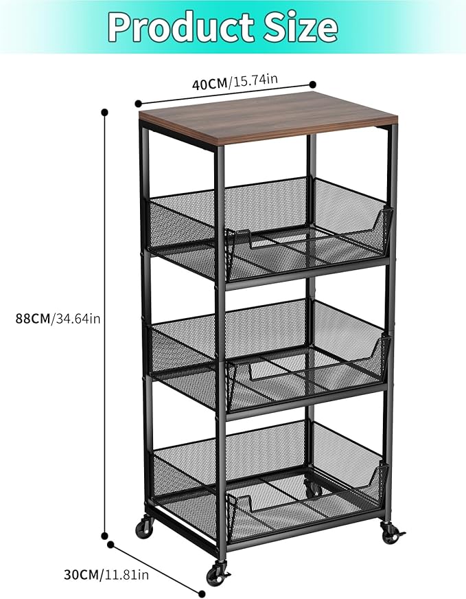 HapiRm Fruit Basket Kitchen Cart - 4-Tier Rolling Storage Cart with Wheels, Fruit Vegetable Basket with Wood Top, Pantry Utility Kitchen Organizer for Fruit Potato Onion Vegetable Bread Snack
