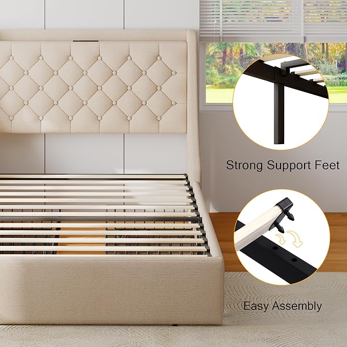 Upholstered Twin Bed Frame with 4 Storage Drawers, Bed Frame with Large Wingback Headboard, Charging Station, No Box Spring Needed, Easy Assembly, Beige