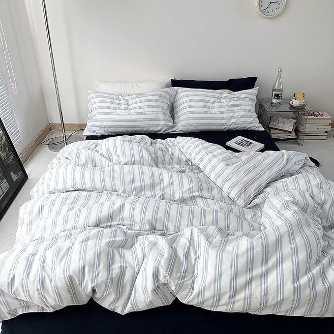 mixinni Vintage Light Blue & White Striped Comforter Set Queen Size - Soft Washed Cotton 3-Piece Bedding Set (1 Comforter + 2 Pillowcases), Retro Geometric Pattern, All-Season Breathable & Fluffy