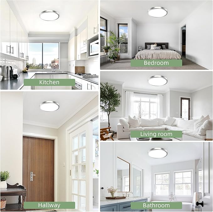 hykolity 12 Inch Selectable CCT LED Round Flat Panel Light, 24W 3000K/4000K/5000K, Edge-Lit Flush Mount Ceiling Light Fixture for Kitchen, Bedroom, Laundry and Closet Room,Brush Nickel