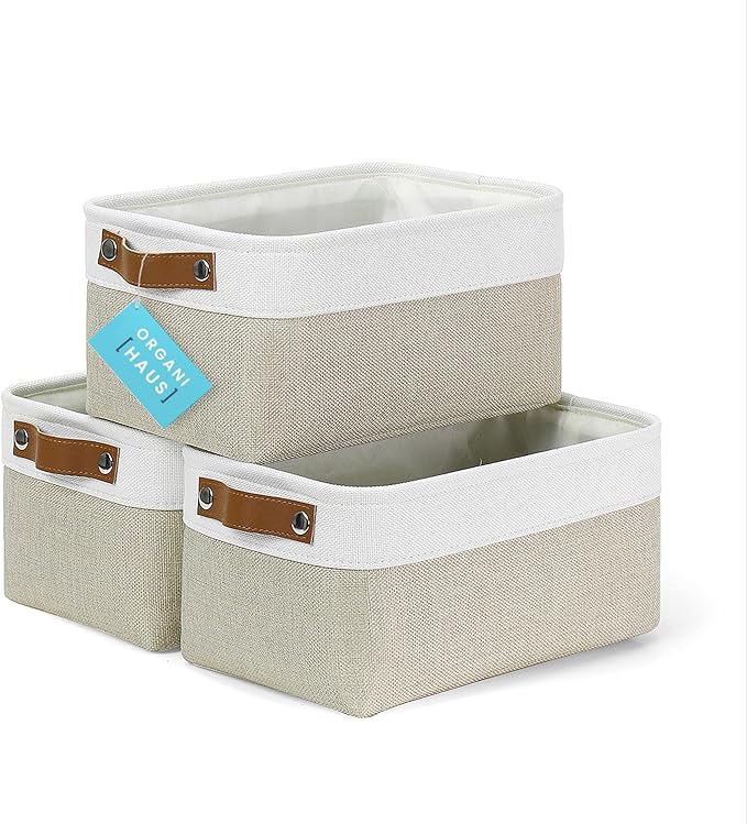 OrganiHaus Small Fabric Storage Baskets for Shelves 3 Pack, 12x8in Closet Storage Bins for Shelves, Cloth Baskets for Organizing, Linen Closet Organizers, Fabric Basket, Beige/White