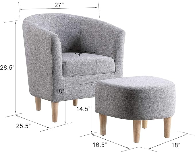 DAZONE Accent Chair with Ottoman, Modern Comfy Armchair Upholstered Barrel Club Chair and Footrest Set, Fabric Tub Arm Chairs for Living Room Bedroom Small Spaces Apartment Office, Set of 2, Gray