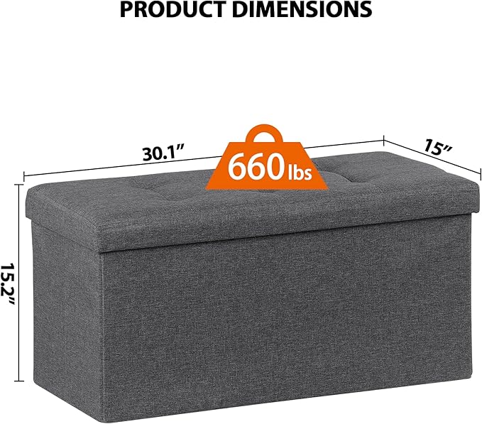 SUPER DEAL Storage Ottoman Bench, 30 Inches Folding Storage Chest Padded Seat Foot Rest Long Box for Living Room Bedroom Entryway, 660 lbs Capacity 15" x 30" x 15" Dark Grey