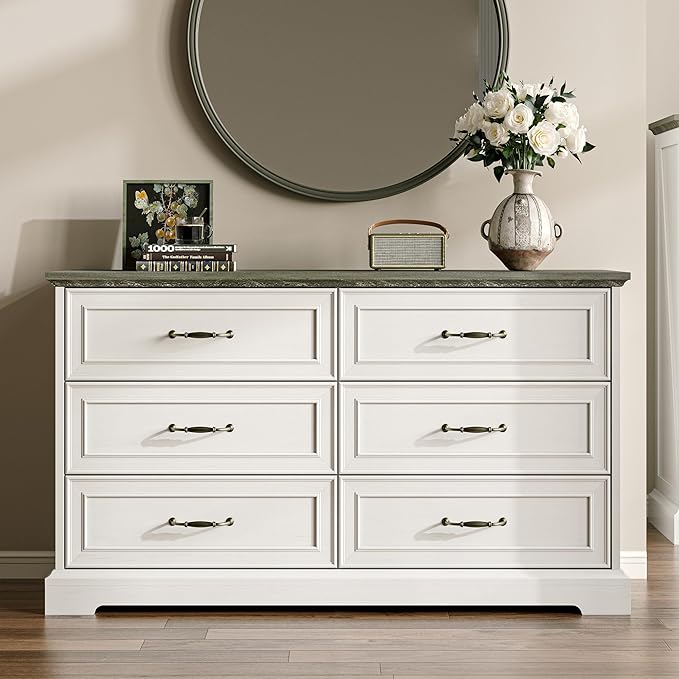 Farmhouse 6 Drawers Dresser for Bedroom, 48" Wide Modern Chest of Drawers with Deep Drawers & Bar Handles, Rustic Wood Dresser TV Stand, Wooden Closet Storage Organizer for Living Room, Hallway, White