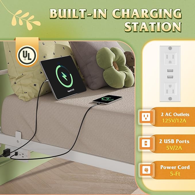 WLIVE Twin Bed Frames with Storage, Twin Bed Frame with LED Lights and Charging Station, Metal Platform Bed Frame with Headboard, White