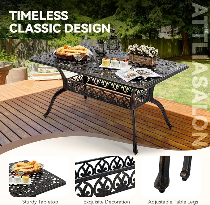 7 Piece Cast Aluminum Outdoor Dining Set Retro Patio Dining Set for 6 Includes 59’’ Rectangular Table and 6 Chairs with Removable Cushion and Umbrella Hole for Patio Deck Garden Porch
