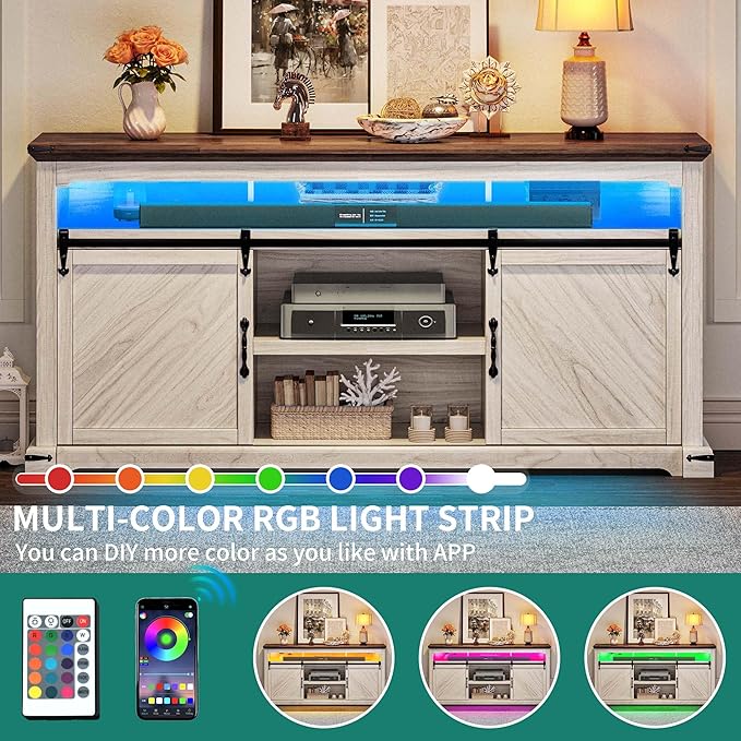 YITAHOME TV Stand for 75 Inch TV with Power Outlets, LED TV Stands Farmhouse Entertainment Center TV Media Console with Sliding Barn Doors for Living Room, Off White & Walnut Grain