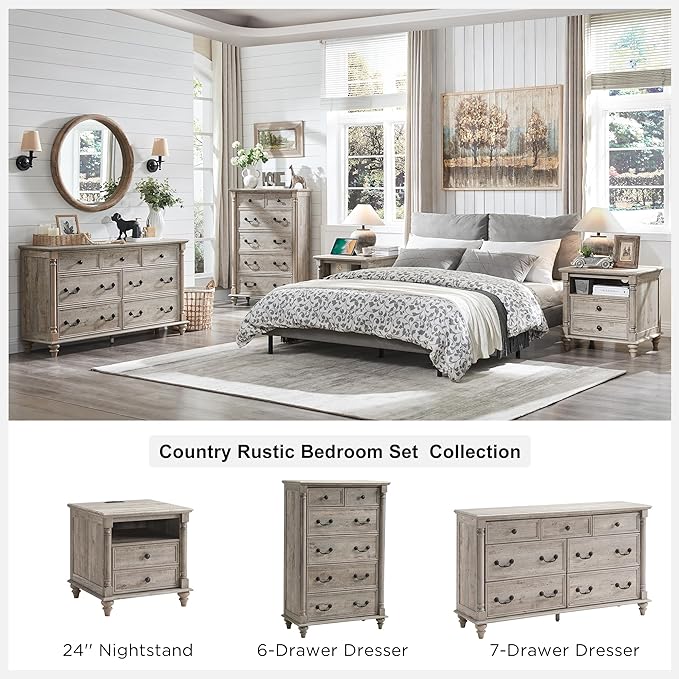 T4TREAM Farmhouse 6 Drawers Dresser Chests for Bedroom w/4 Solid Wood Feet & Column Decor, Tall Wood Country Rustic Chest of Drawers, Storage Dressers for Bedroom, Living Room, Light Rustic Oak