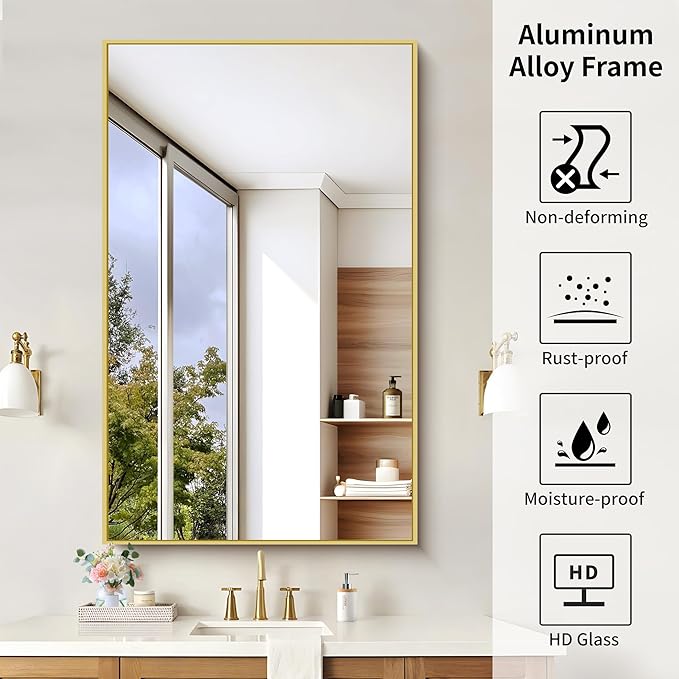 KOCUUY 30x48 Inch Large Gold Wall Mounted Mirror,Aluminum Framed Decorative Rectangular Bathroom Mirror for Wall Over Sink,Vanity Mirror for Bedroom Living Room Bathroom,Functional Oversized Mirror