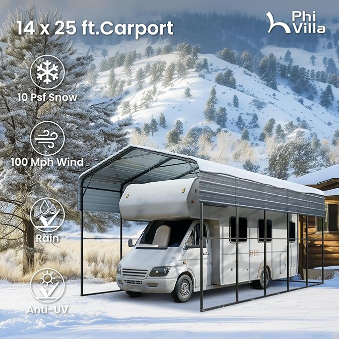 PHI VILLA 25 x 14 ft Heavy Duty Metal Carport with Galvanized Steel Roof for RVs, Cars, Boats, and Tractors