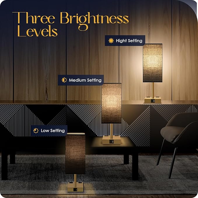 Bedside Lamp with USB Ports - Touch Control Table Lamp for Bedroom with USB C+A Charging Ports & AC Outlets, 3 Way Dimmable Nightstand Light for Living Room (LED Bulb Included, Brass - Black)