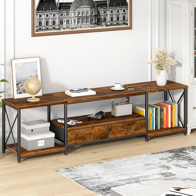 TV Stand with Fabric Drawers - Entertainment Center and Industrial Console Table with Open Storage Shelves for Living Room, Bedroom - 71.5" Rustic Brown
