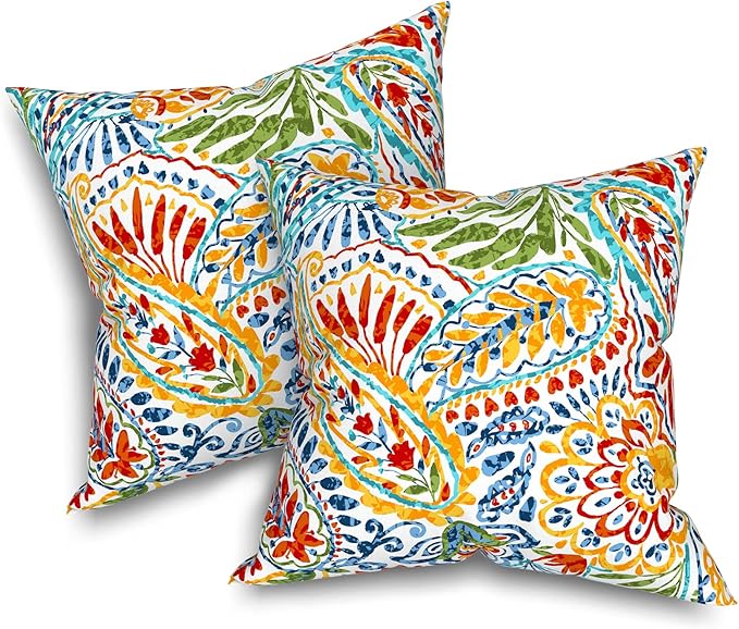 Patio Throw Pillows with Inners, Fade Resistant Square Pillow Pack of 2, Decorative Garden Cushions for Home, 18x18 Inch,Paisley Multi