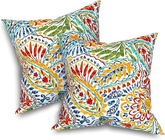 Patio Throw Pillows with Inners, Fade Resistant Square Pillow Pack of 2, Decorative Garden Cushions for Home, 18x18 Inch,Paisley Multi