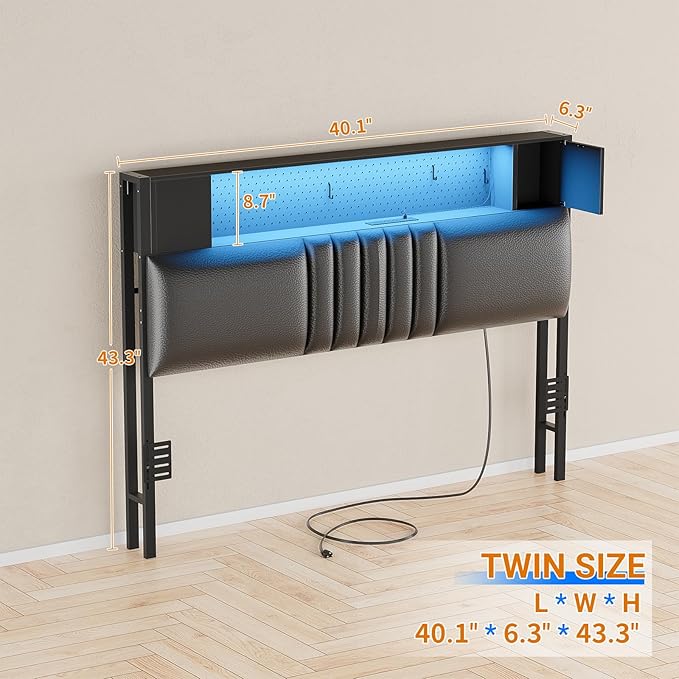 Unikito Headboard for Twin Size Bed with Storage and Cabinet, Black Upholstered Headboards with Outlets, USB Ports, and DIY Color of LED Light, Twin Head Board Only, Comfortable Headboard, Black