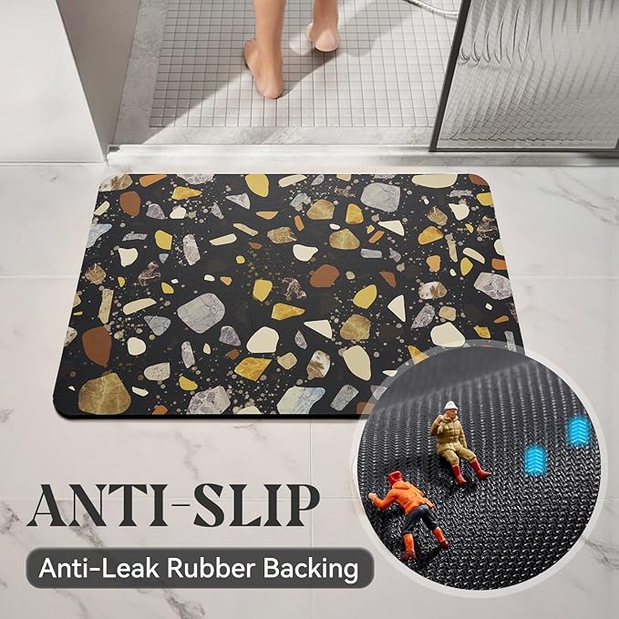 MontVoo -Bath Mat-Non Slip Thin Bathroom Rugs Fit Under Door- Quick Dry Absorbent Faux Suede Surface Grey Bathroom Floor Mats-Shower Rug for in Front of Bathtub Shower Black & Multi Color 17x59