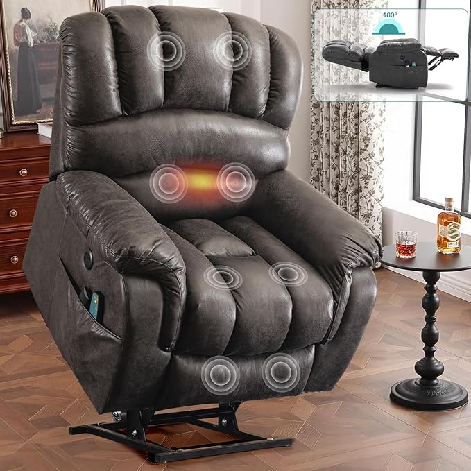 MEETWARM Large Infinite Position Dual Motor Recliner Chair for Big and Tall Elderly, Oversized Lay Flat Sleeper Power Lift Recliner with Massage Heat, 2 Remote Controls/USB Port/Side Pockets(Gray)