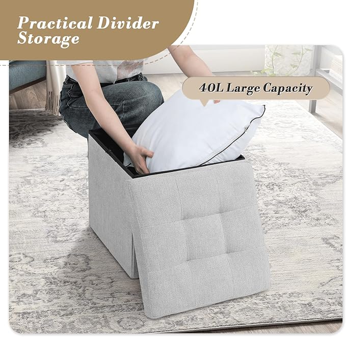 Athena Collection Line Square Ottoman with Storage, 15 Inch Small Storage Ottoman, Multipurpose Footstool Foot Rest for Living Room, Bedroom, Dorm, Light Grey