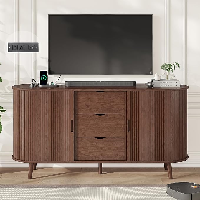 Alohappy 59" Mid Century Modern TV Stand with Charging Station, 32" Tall Farmhouse Curved Edge Media Console Table with Drawer and Shelf, Fluted Entertainment Center for Living Room, Bedroom Walnut