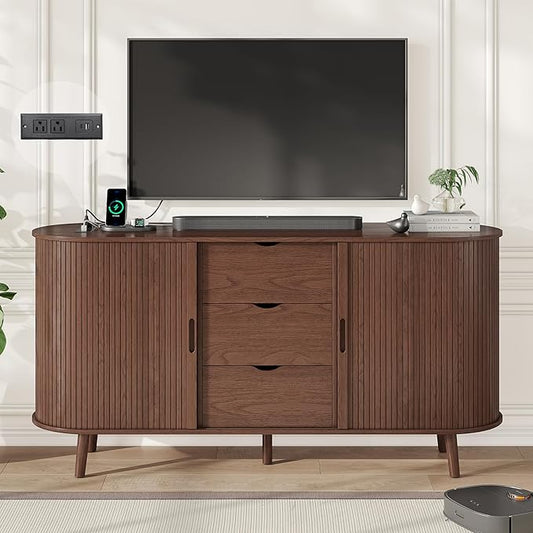 Alohappy 59" Mid Century Modern TV Stand with Charging Station, 32" Tall Farmhouse Curved Edge Media Console Table with Drawer and Shelf, Fluted Entertainment Center for Living Room, Bedroom Walnut