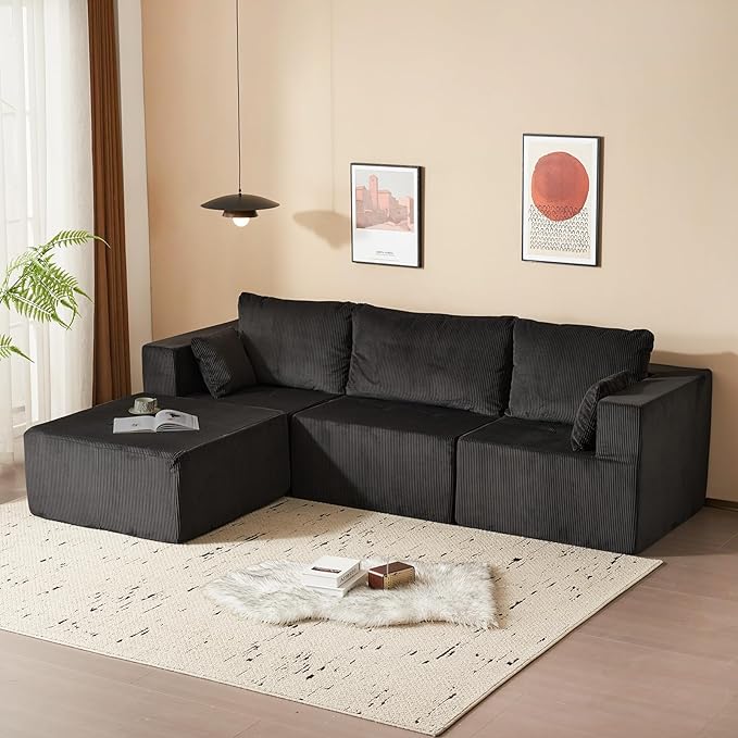 105" Modular Cloud Couch with Chaise Lounge, L-Shape Non-Assembly Required Sectional Sofa, 27" Deep Seat Modern Corduroy Sofa, Comfy High-Density Foam Couch for Living Room, Apartment