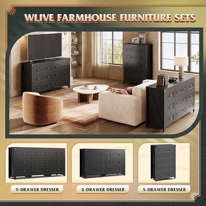 WLIVE Farmhouse Black Dresser for Bedroom, 53.07'' Wide 6 Drawer Wood Dresser, Chest of Drawers with Double Rustic Handle, TV Stand for 60 inch TV, Modern Clothes Organizer for Living Room, Hallway