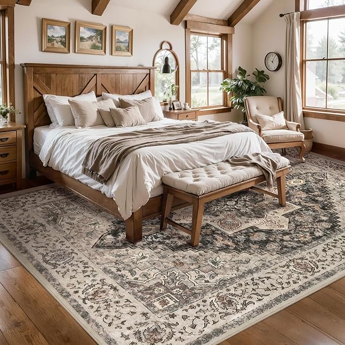 Tangsoo 8x10 Area Rugs for Living Room, 8x10 Washable Rug Vintage Indoor Non Slip Large Area Rugs, Print Distressed Brown/Grey Carpet, Soft Low Pile Foldable Floor for Bedroom Dining Room Dorm