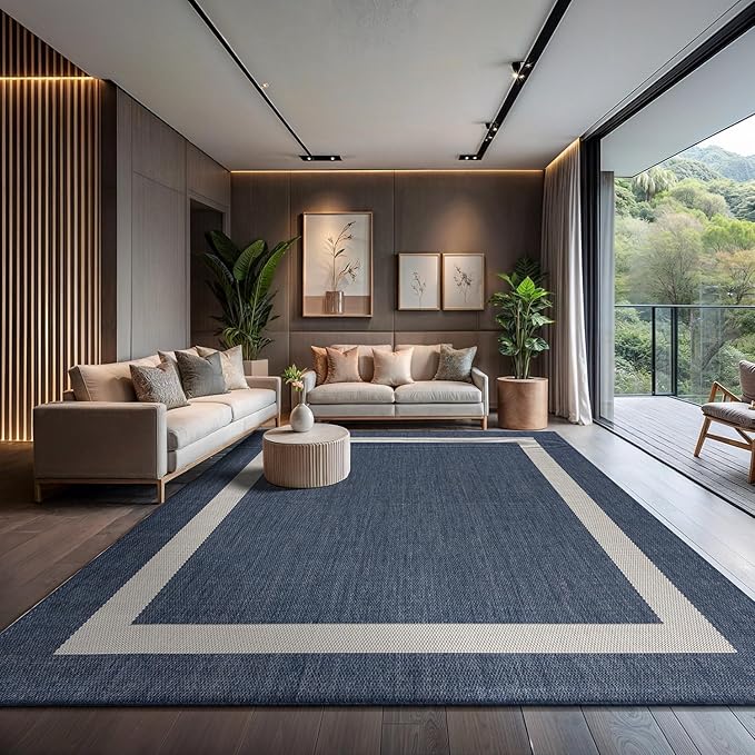 CAMILSON Outdoor Rug 9x12, Large Modern Outside Rugs for Patios Porches Waterproof Durable Washable Non-Shedding, Easy-to-Clean Indoor Outdoor Area Carpet (9 x 12, Bordered - Blue/White)