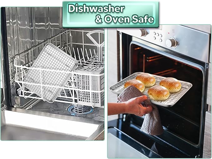 TeamFar Toaster Oven Pan with Cooling Rack Set, 10.5’’ x 8’’ x 1’’ Stainless Steel Compact Toaster Oven Small Baking Pan Tray with Mini Grid Rack, Non-Toxic & Heavy-Duty, Dishwasher & Oven Safe