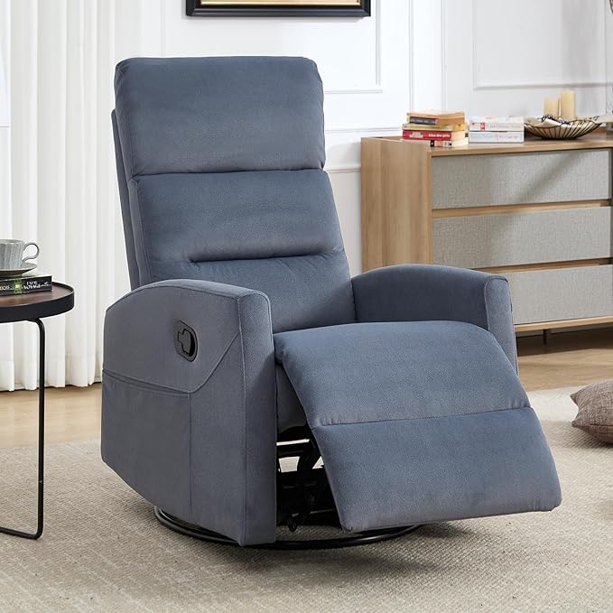 360° Swivel Rocker Recliner Chair for Small Spaces, Manual Reclining Chair for Adults, Rocking Glider for Nursery, Living Room, Bedroom, Fabric Blue Grey