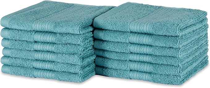 Amazon Basics Fade-Resistant 100% Cotton Washcloth, 12 Pack, 12"x12", Teal