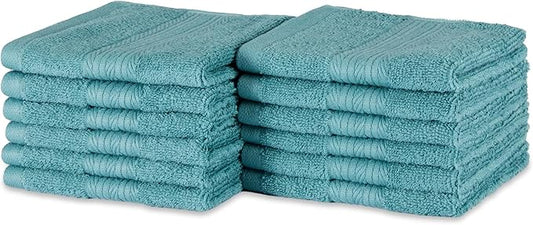 Amazon Basics Fade-Resistant 100% Cotton Washcloth, 12 Pack, 12"x12", Teal