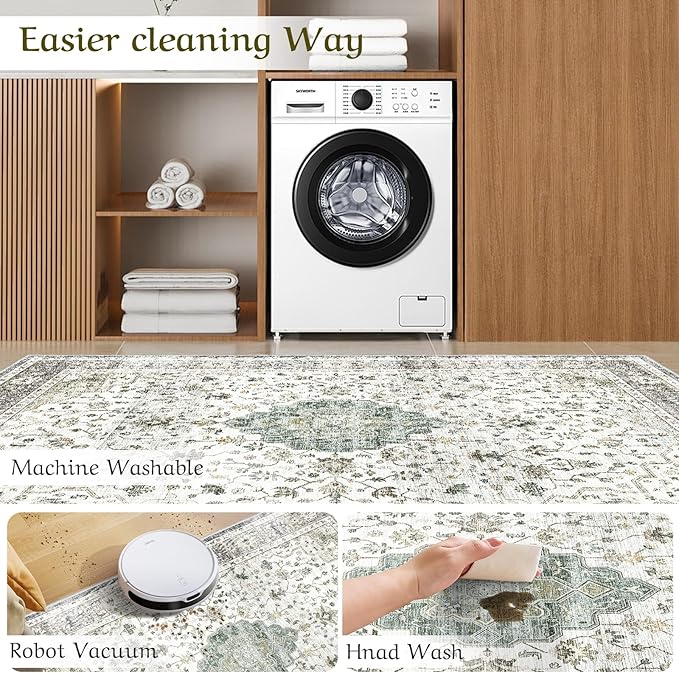 HOMFINE Machine Washable Rug 9'x12' - Vintage Design Area Rugs with Non Slip Rugs for Living Room Bedroom Floral Print Rug Carpet Stain Resistant, Home Decor Office Area Rug, Beige Green