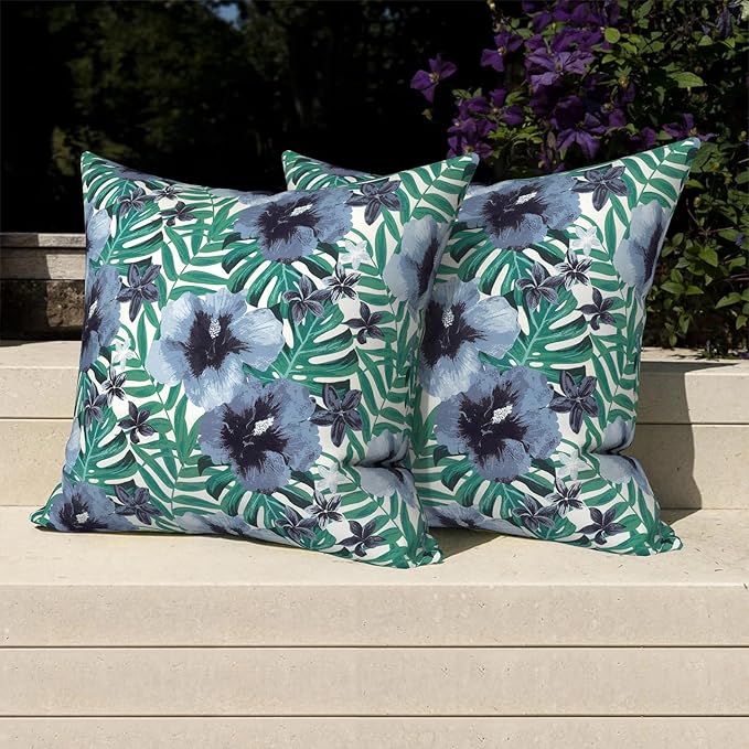 Pack of 2 Patio Throw Pillow Covers ONLY, Water Repellent Cushion Cases 20x20 Inch, Square Pillowcases for Outdoor Couch Decoration, Blue Salmone Tropical