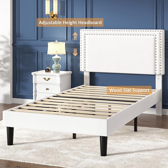 VECELO Twin Size Platform Bed Frame with Adjustable Upholstered Headboard, Strong Wood Slat Support, No Box Spring Needed, Easy Assembly