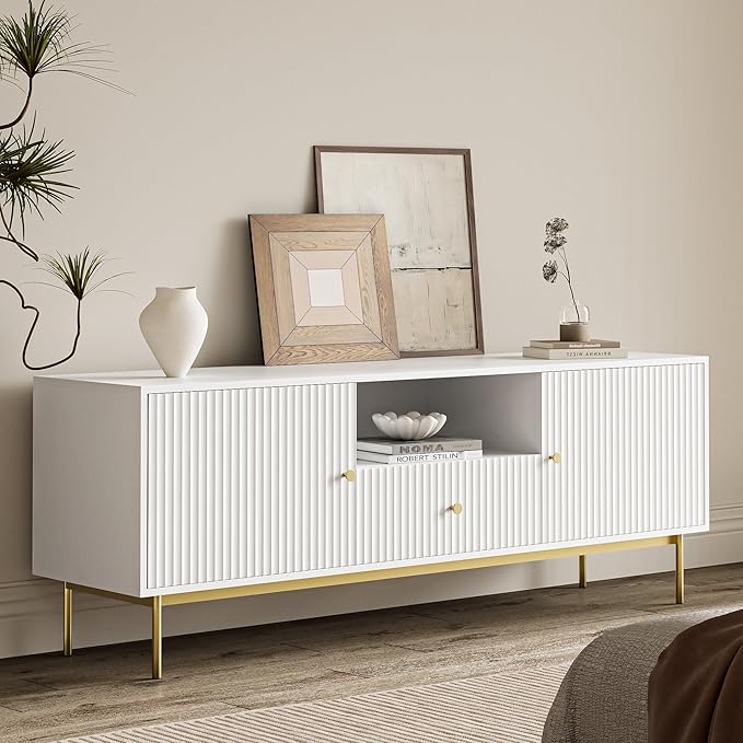 Fluted TV Stand, Modern TV Stand for 70 Inch TV, Entertainment Center with 2 Storage Cabinets, Fluted Panel Media Console for Living Room, Bedroom, Office, White